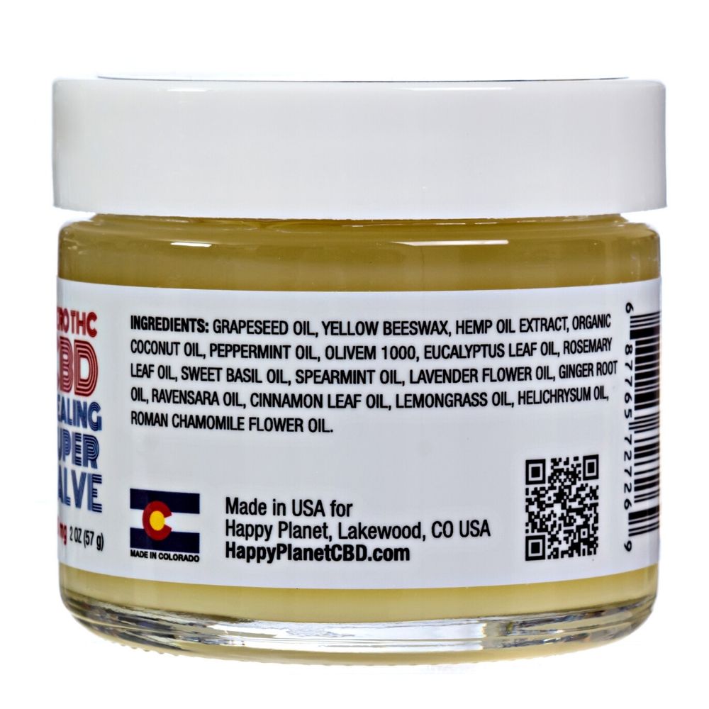 Happy Planet Zero THC CBD Salve label showing ingredient details