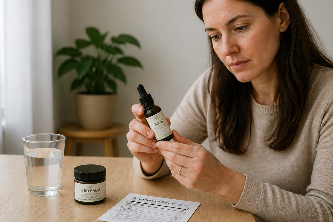 Person reading a CBD product label beside a topical balm jar and tincture bottle on a table.