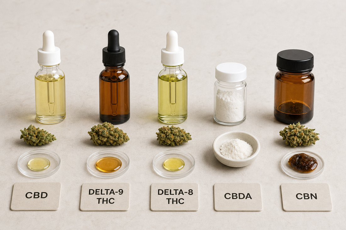 Neutral flat lay of five unlabeled amber containers representing CBD, Delta-9 THC, Delta-8 THC, CBDA, and CBN on a clean surface.