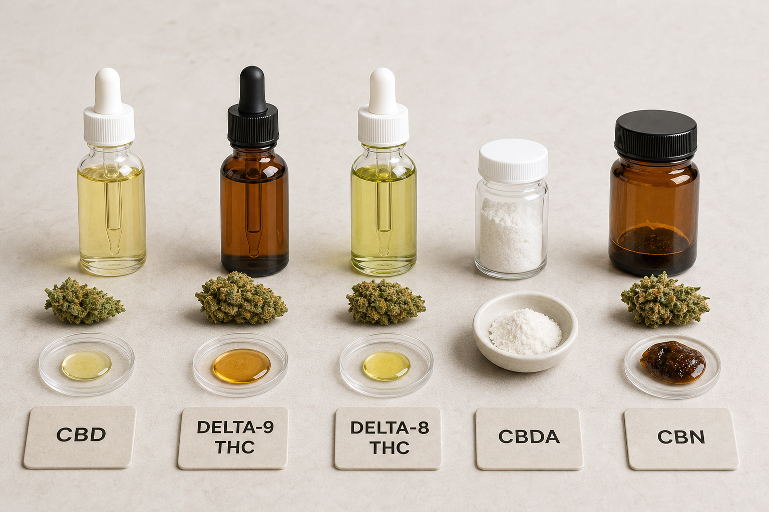 Neutral flat lay of five unlabeled amber containers representing CBD, Delta-9 THC, Delta-8 THC, CBDA, and CBN on a clean surface.