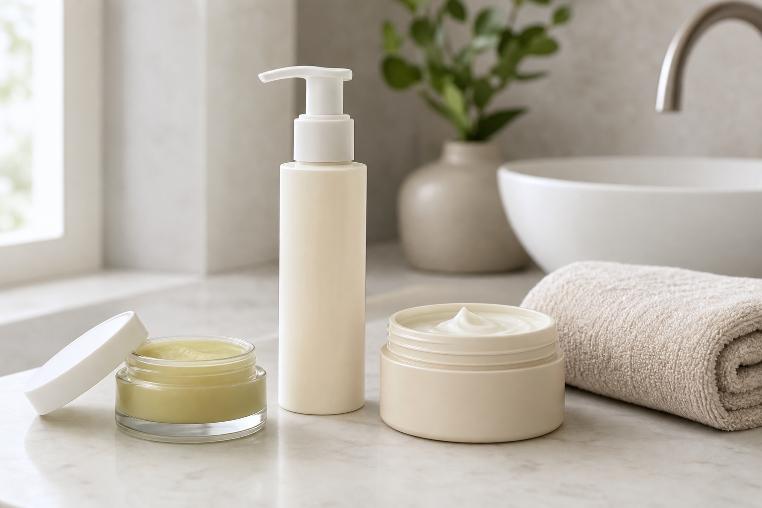 Jar of CBD balm, lotion bottle, and cream container arranged on a clean counter