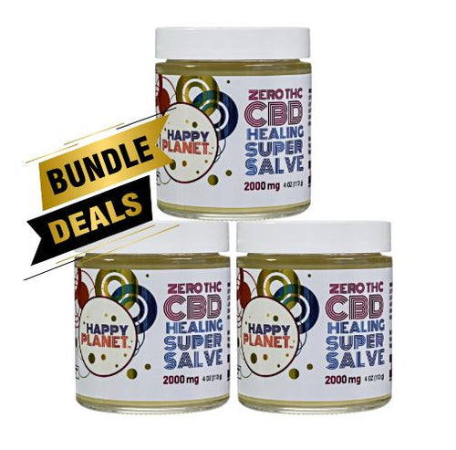 Happy Planet 2000mg CBD Super Salve bundle of 3 THC-free topical salves for targeted pain relief