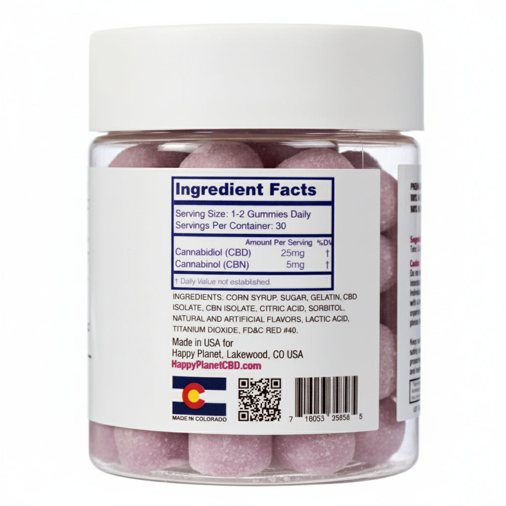 Jar of gummies with ingredient facts label